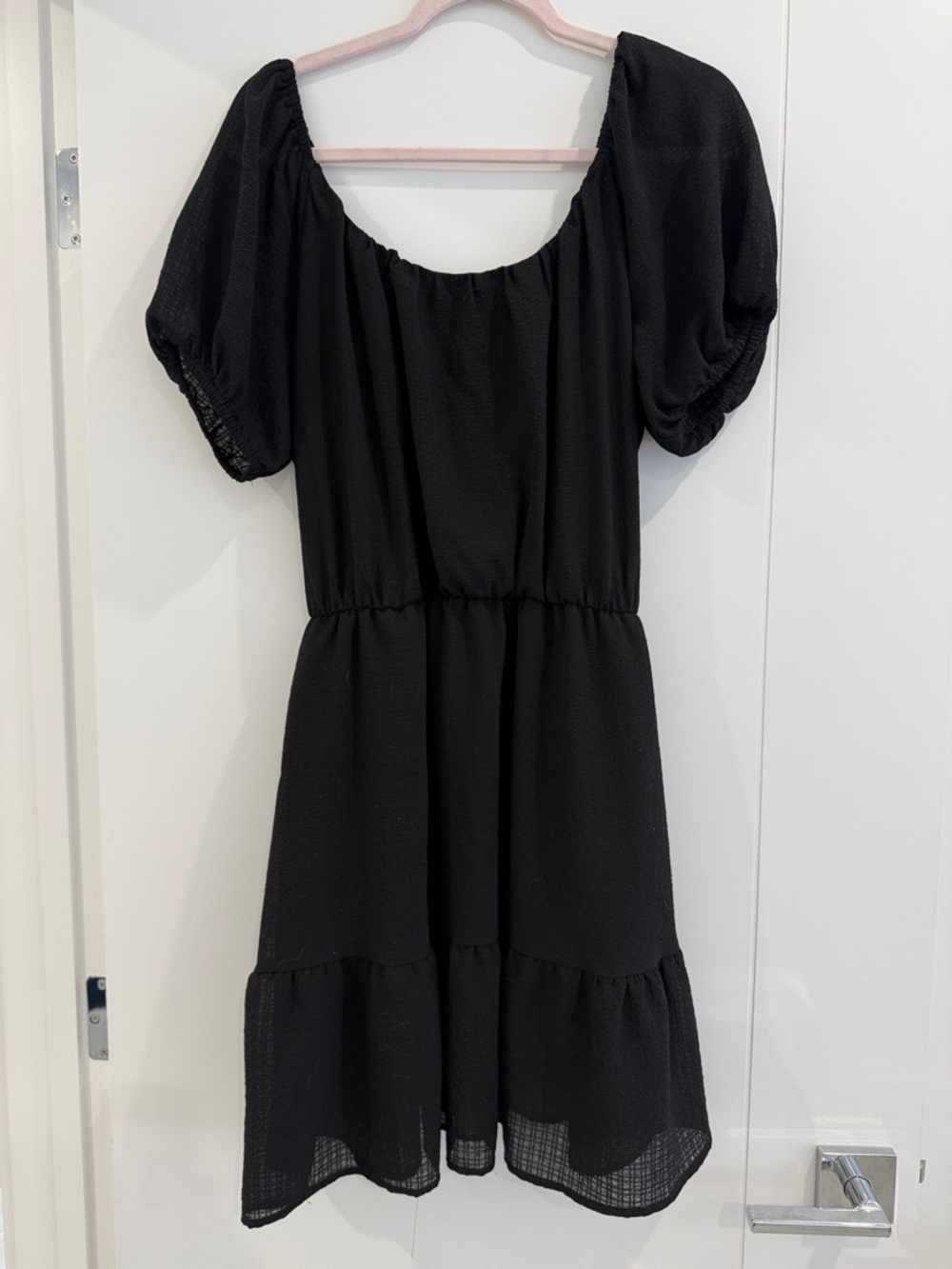 Stretchy Black Puff-Sleeve Mini Dress - M/L